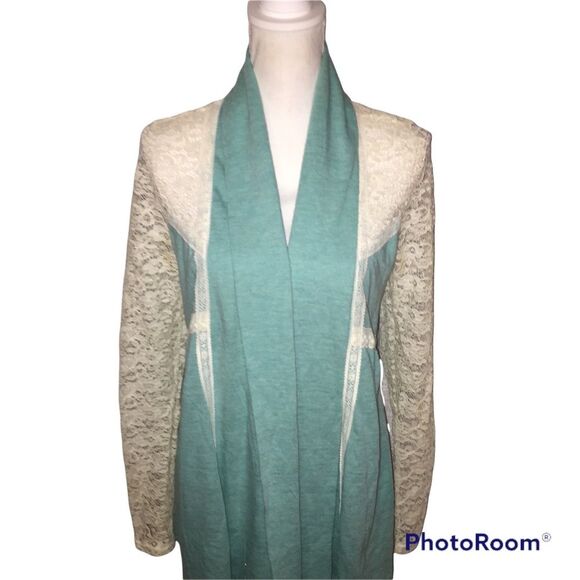 Cream Lace & Mint Green Jacket Medium Open Front Cardigan Jacket Spring - Picture 6 of 9